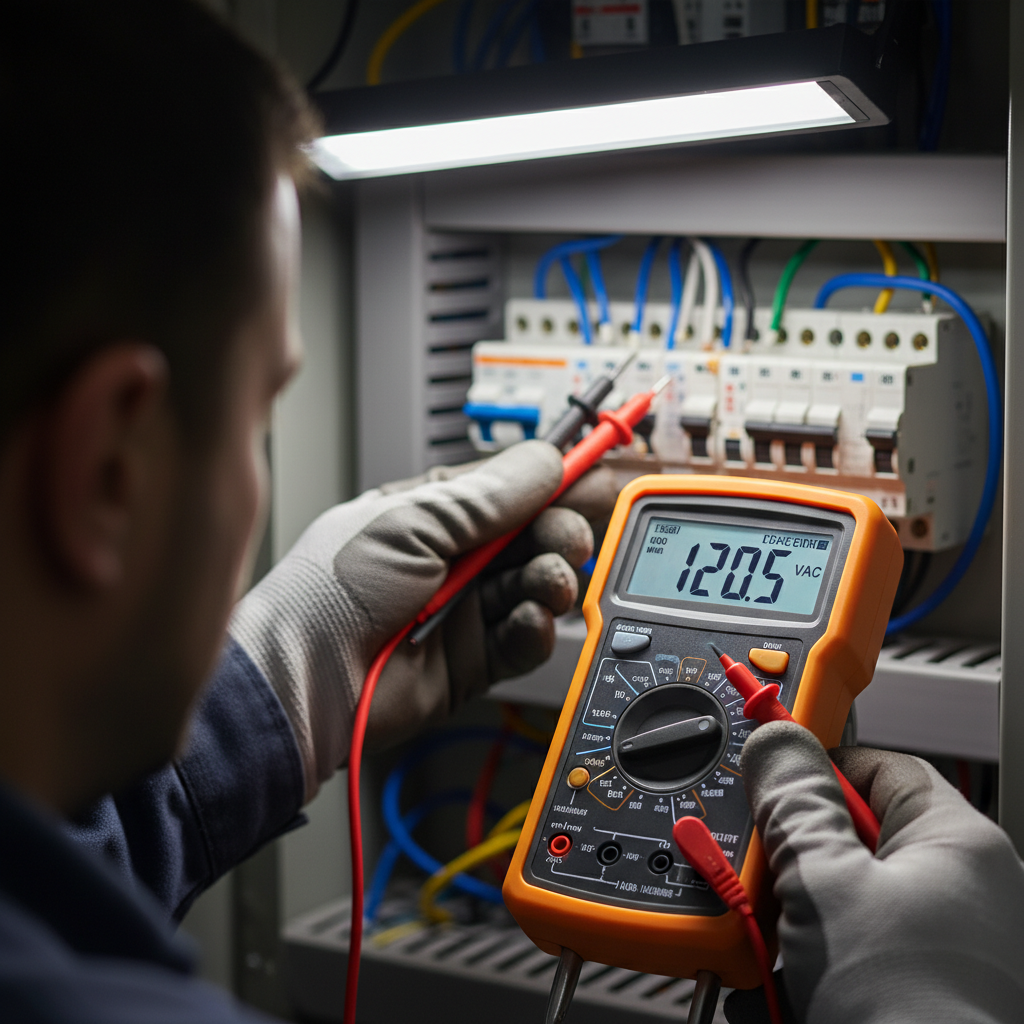 Electrical troubleshooting - electrician using multimeter